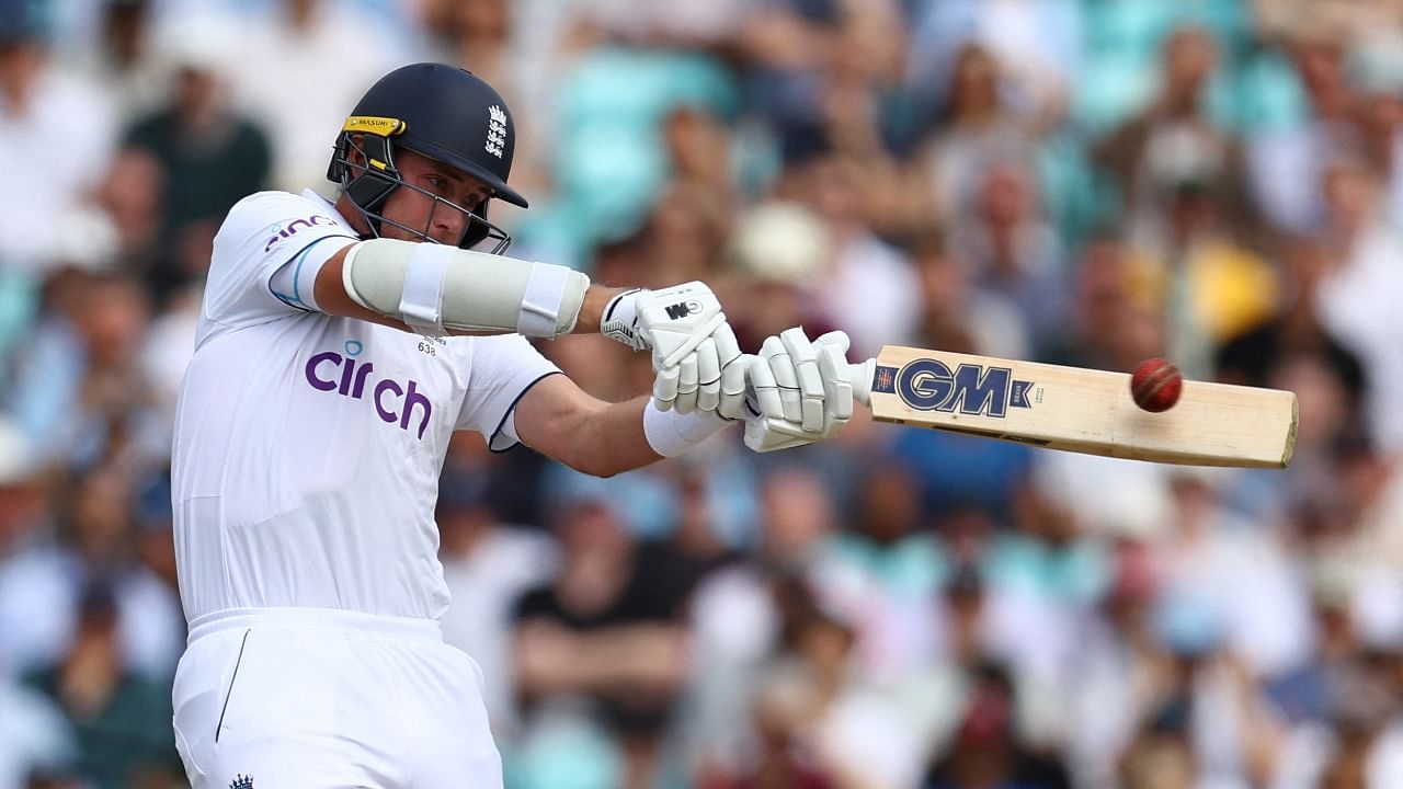 England's Stuart Broad hits a six. Credit: Reuters Photo