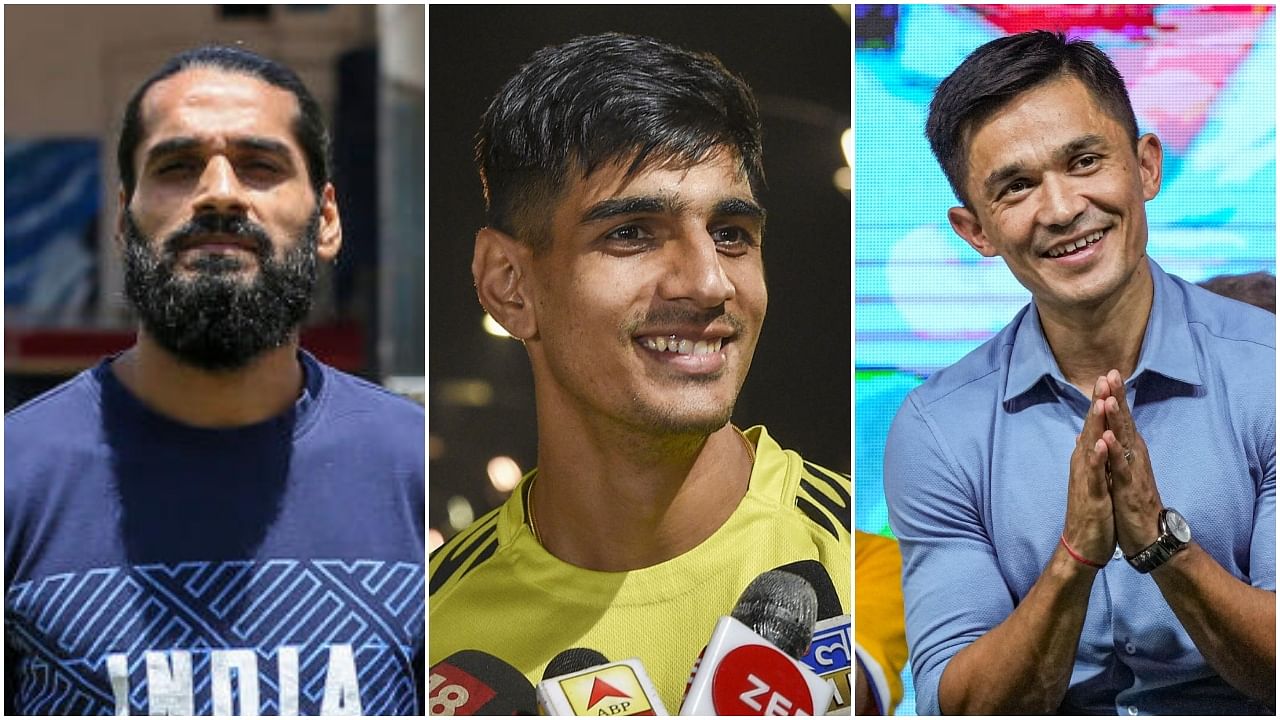 Sandesh Jhingan(L), Gurpreet Singh Sandhu(C) and Sunil Chhetri. Credit: PTI File Photo 