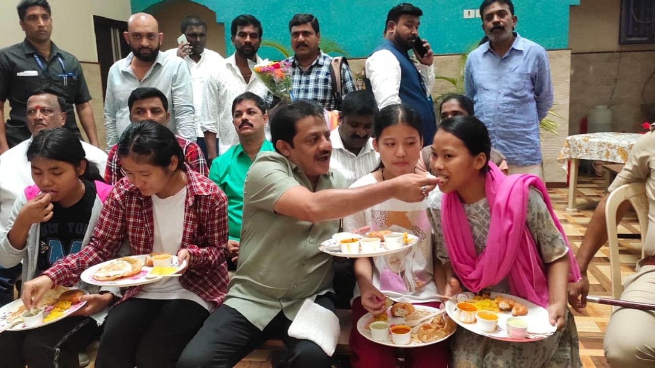 Zameer spent his 57th birthday with the Manipur girls who have taken shelter at St Teresa Educational Institutions in Chamarajpet. Credit: Special Arrangement