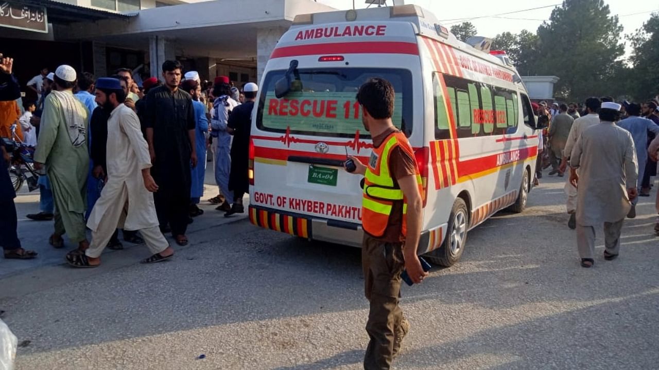 An ambulance carries the injured to the hospital, after a blast in Bajaur district of Khyber Pakhtunkhwa province, Pakistan July 30, 2023. Credit: Rescue 1122 via Reuters