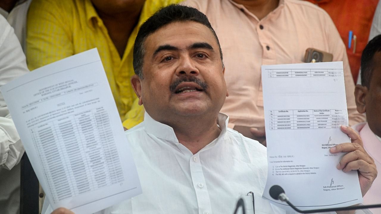 Suvendu Adhikari addresses press at WB Assembly. Credit: PTI Photo