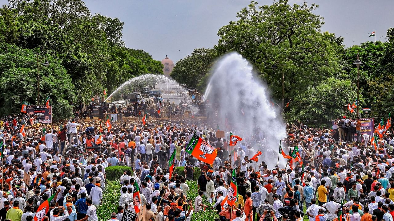 Bharatiya Janata Party (BJP) leaders and workers protest against the state government over various issues under 'Nahi Sahega Rajasthan' slogan, at Statue Circle, in Jaipur, Tuesday, Aug. 1, 2023. Credit: PTI Photo