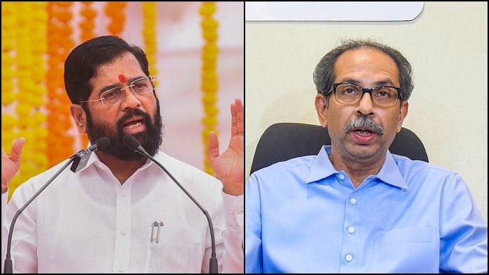 Leaders of warring Sena factions Eknath Shinde (L) and Uddhav Thackeray (R). Credit: PTI File Photos