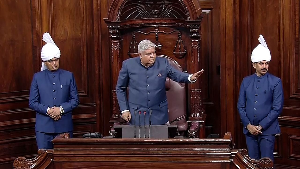 Rajya Sabha Chairman Jagdeep Dhankhar conducts proceedings of the house during the Monsoon session of Parliament, in New Delhi, Tuesday, Aug 1, 2023. Credit: PTI Photo