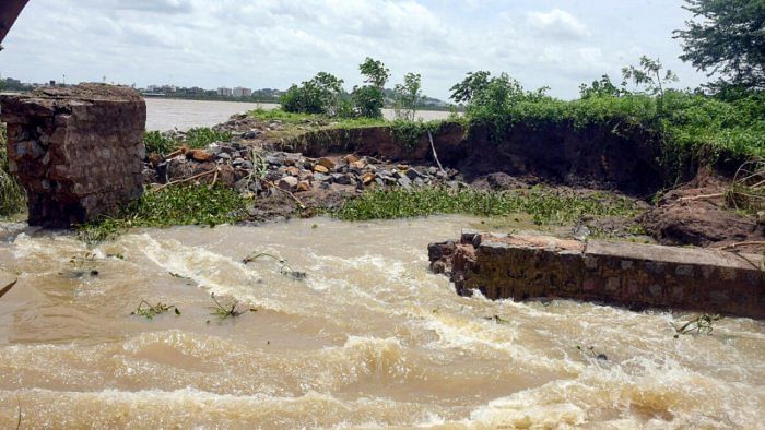 An area is seen damaged in the floodwaters of the swollen Godavari River in the temple town of Bhadrachalam, Saturday, July 29, 2023.Credit: PTI Photo