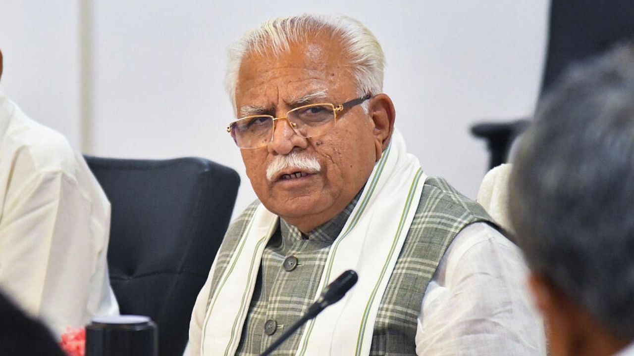 Haryana Chief Minister Manohar Lal addresses a press conference, at Haryana Niwas in Chandigarh, Wednesday, Aug 2, 2023. Credit: PTI Photo