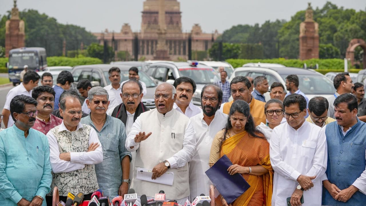 Leader of Opposition in the Rajya Sabha Mallikarjun Kharge with other I.N.D.I.A leaders address a press conference after a meeting with President Droupadi Murmu at Rashtrapati Bhavan, in New Delhi, Wednesday, Aug. 2, 2023. Credit: PTI Photo