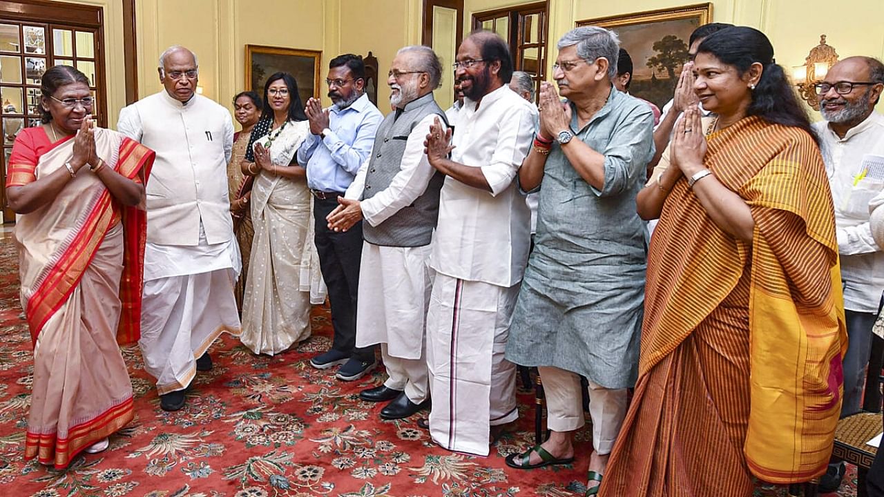 President Droupadi Murmu in a meeting with a delegation of I.N.D.I.A MPs led by Leader of Opposition in the Rajya Sabha Mallikarjun Kharge at Rashtrapati Bhavan, in New Delhi, Wednesday, Aug. 2, 2023. Credit: PTI Photo