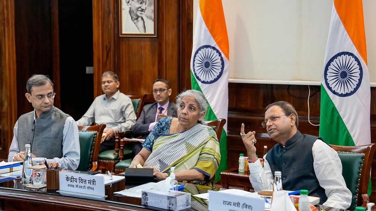 Union Finance Minister Nirmala Sitharaman with Union MoS for Finance Pankaj Chaudhary and Revenue Secretary Sanjay Malhotra during the 51st Goods and Services Tax (GST) Council Meeting, in New Delhi, Wednesday, Aug. 2, 2023.  Credit: PTI Photo