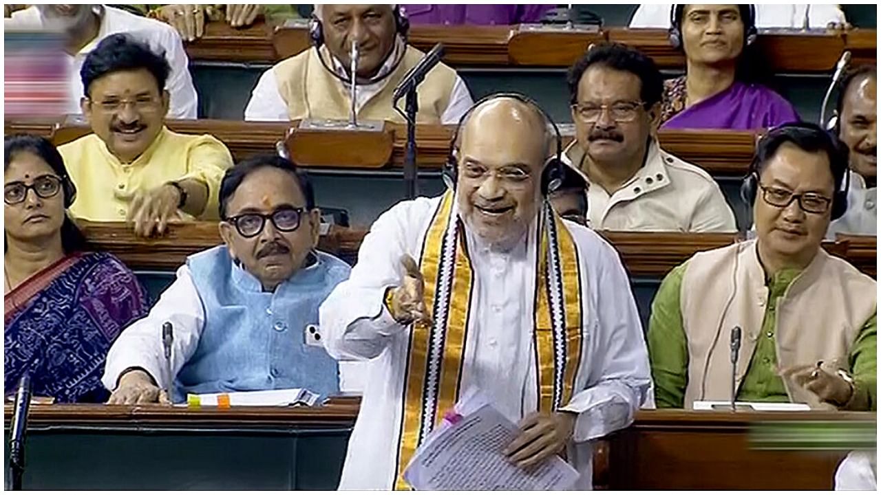 New Delhi: Union Home Minister Amit Shah speaks in the Lok Sabha during the Monsoon session of Parliament, in New Delhi, Thursday, Aug. 3, 2023. Credit: PTI Photo