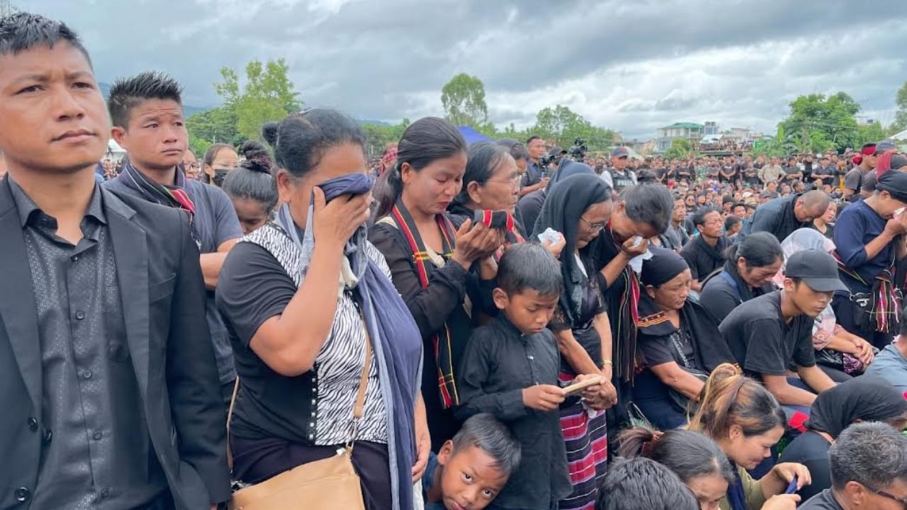 Kuki residents pay tributes to 35 persons who died during Manipur violence, during a function on Thursday in Churachandpur district. Credit: ITLF