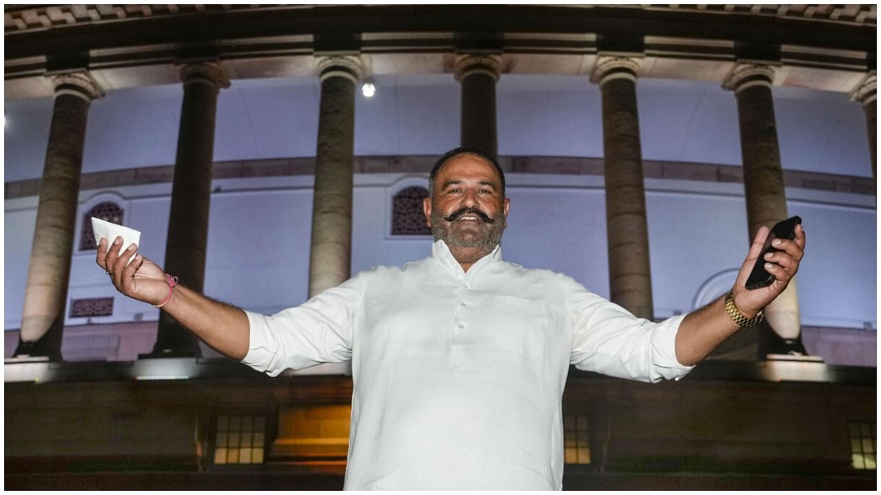 AAP MP Sushil Kumar Rinku during the Monsoon session of Parliament, in New Delhi, Thursday, Aug. 3, 2023. The Lok Sabha suspended the newly-elected AAP member for the remaining part of the Monsoon session for unruly behaviour in the House. Credit: PTI Photo 