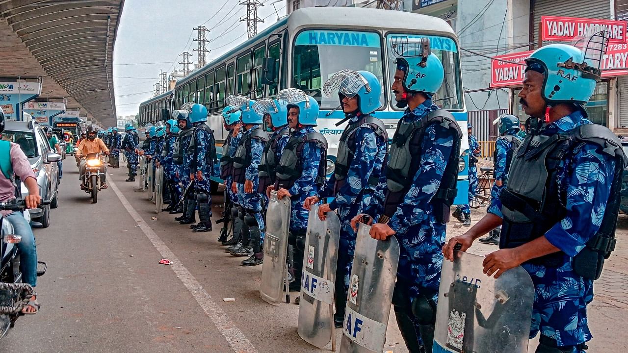 Security tightened in violence-affected areas in Haryana. Credit: PTI Photoa