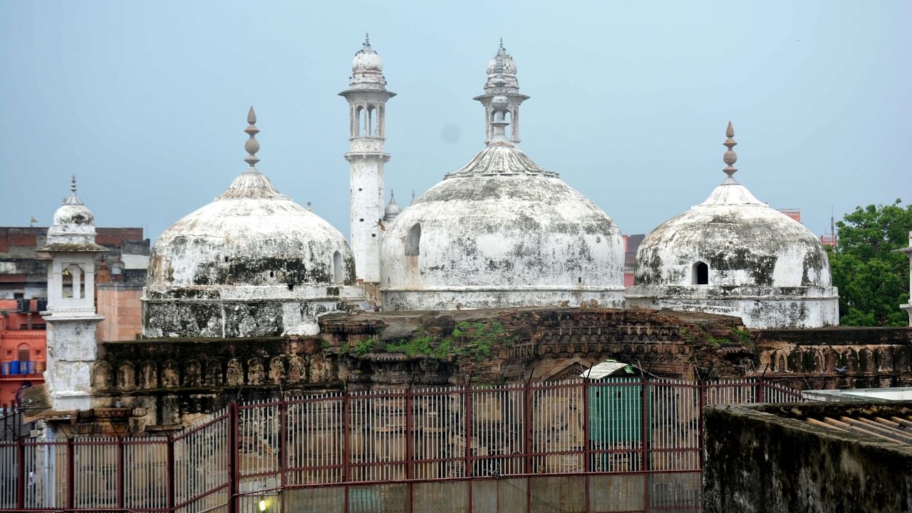 The Gyanvapi mosque is seen on the second day of the ASI’s scientific survey work to determine whether the 17th-century mosque was constructed over a pre-existing structure of a Hindu temple, in Varanasi, Saturday, August 5, 2023. Credit: PTI Photo