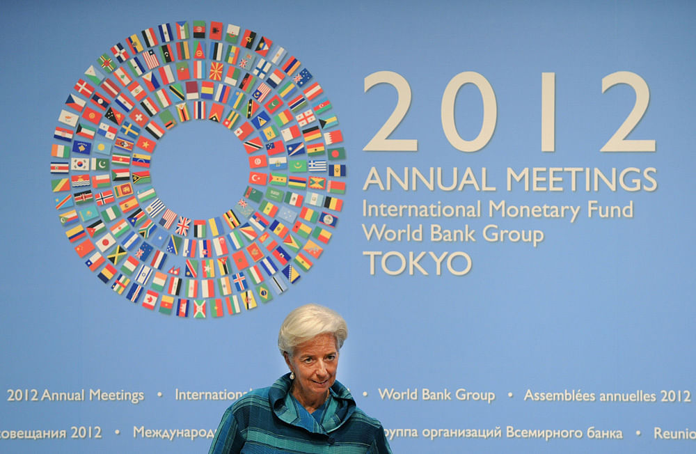 International Monetary Fund (IMF) managing director Christine Lagarde arrives at a press conference during the annual meetings of the IMF and the World Bank in Tokyo on October 11, 2012. Greece's badly stressed economy will need a further two years b...