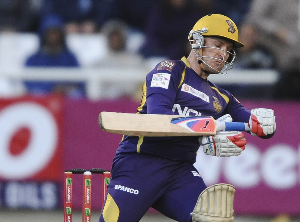 Brendon McCullum of the Kolkata Knight Riders plays a shot during a match of the Champions League T20 (CLT20) between the Auckland Aces and the Kolkata Knight Riders at the Newlands Stadium in Cape Town on October 15, 2012. AFP PHOTO / Roger Sedres