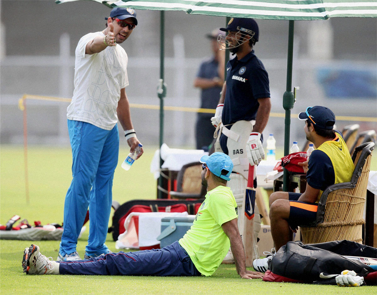 India A team player Yuvraj Singh and teammates during a practice session in Mumbai on Monday ahead of a three-day match against England. PTI Photo