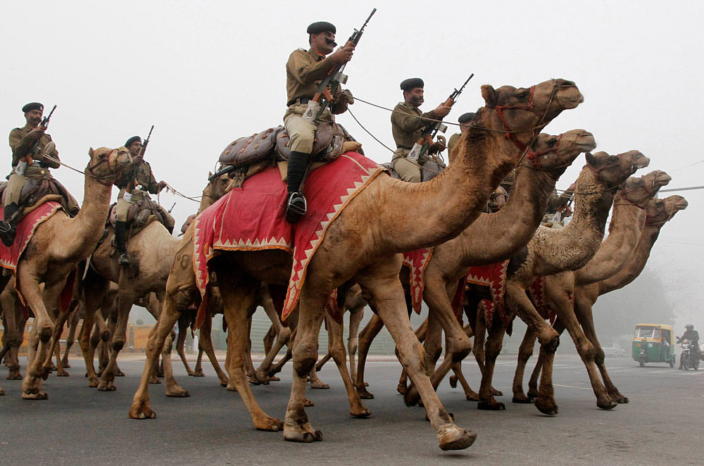 India's Border Security Force (BSF) soldiers ride their camels as they  rehearse for the Republic Day parade amid dense fog on a cold winter  morning in New Delhi January 14, 2013. India will celebrate its annual  Republic Day on January 26. REUTERS