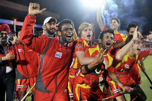 Players of Ranchi Rhinos celebrate their victory after winning the  final match of Hockey India League against Delhi Waveriders in Ranchi on  Sunday. PTI Photo