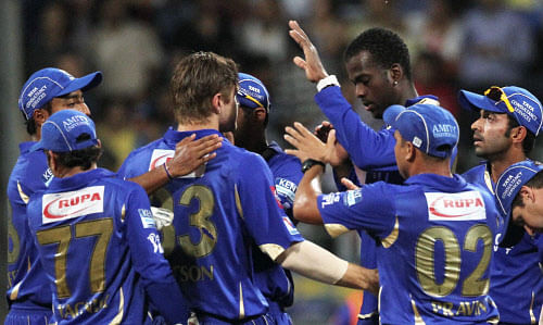 Rajasthan Royals cricketers celebrate the dismissal of wicket of Mumbai  Indians batsman Maxwell   during an IPL 6 bmatch in Mumbai on Wednesday.  PTI Photo