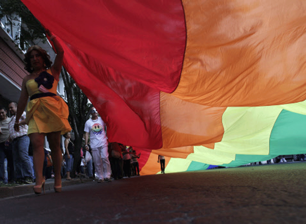 Participants hold a rainbow flag as they march during a Gay Pride Parade in downtown Monterrey June 15, 2013. Hundreds of participants attended the 13th Gay Pride Parade, local media reported. REUTERS