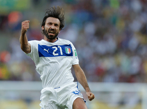 Italy's Andrea Pirlo celebrates scoring the opening goal during the soccer Confederations Cup group A match between Mexico and Italy at Maracana stadium in Rio de Janeiro, Brazil, Sunday, June 16, 2013. (AP Photo