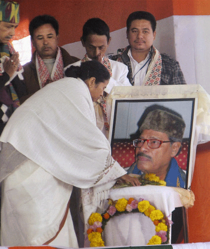 Trinamool Congress Supremo and West Bengal Chief Minister Mamata  Banerjee paying tributes to legendary singer Manna Dey, who passed away  in Bengaluru, at a district level convention of the party in Darjeeling  on Thursday. PTI Photo