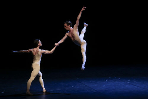 Two ballet dancers Marian Walter, right, and Rainer Krenstetter perform together during the press rehearsal of the ballet gala ' Malakhov & Friends - The Final' of the Berlin State Ballet at the German Opera in Berlin, Monday, Jan. 20, 2014. The prog...