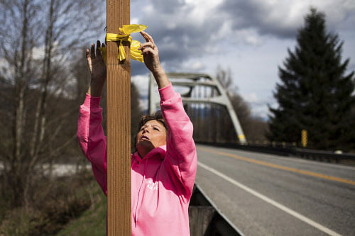 Reverend Debra Hoskins ties yellow ribbons alongside State Route 530 to  commemorate victims of the mudslide in Oso, Washington, April 2, 2014.  Rescue and recovery efforts have entered their 12th day on the massive  Oso mudslide with 29 confirmed de...