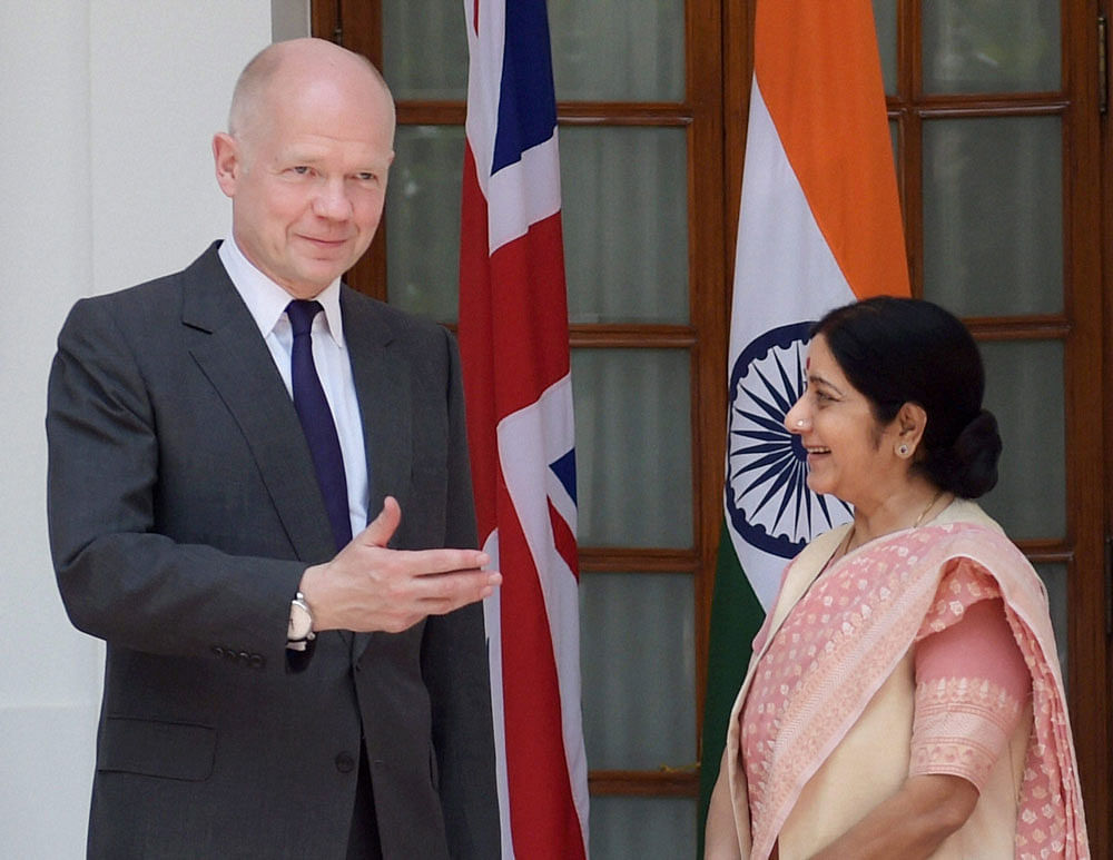 New Delhi: External Affairs Minister Sushma Swaraj and British Foreign Secretary William Hague during their meeting in New Delhi on Tuesday. PTI Photo by Manvender Vashist
