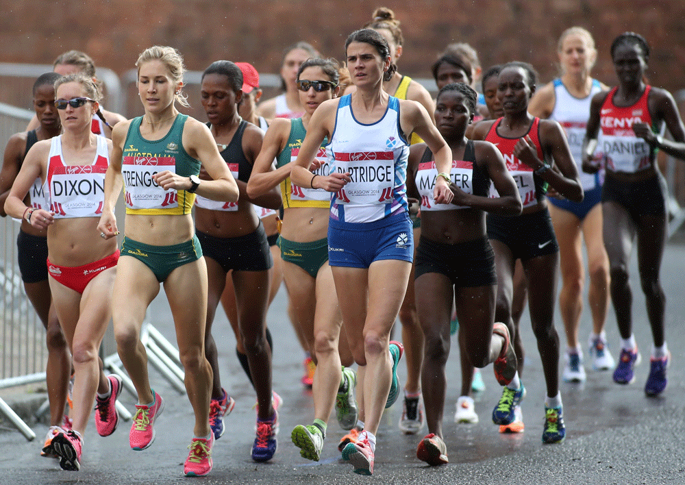 Athlete's compete in the Women's Marathon race in the Commonwealth Games Glasgow 2014, Scotland, Sunday July 27, 2014. (AP Photo