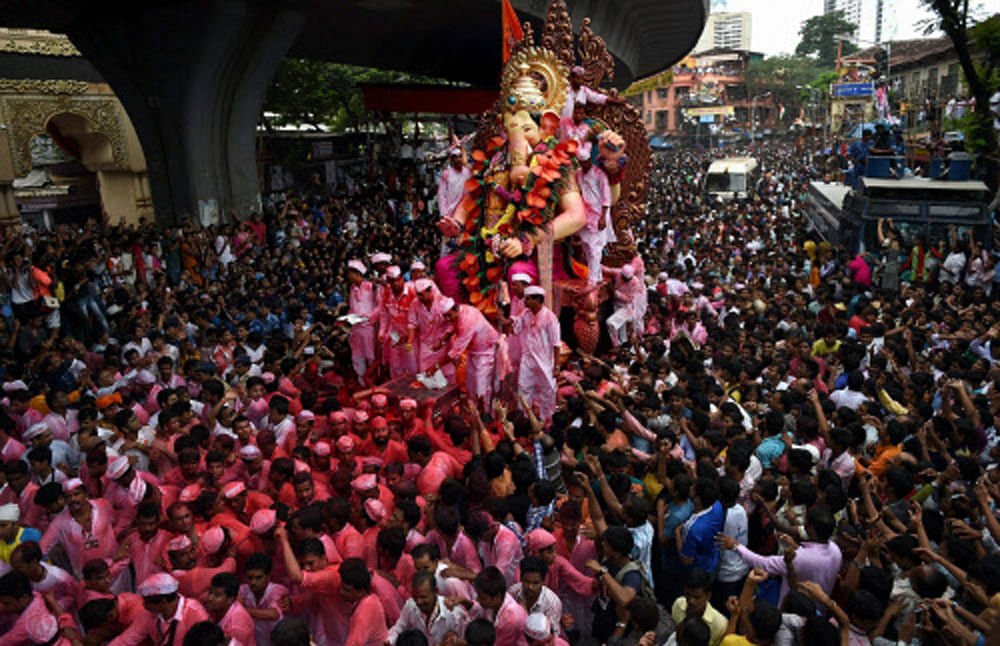 The famous Ganesha idol of Lalbaugcha Raja being taken for immersion on the final day of Ganpati festival in Mumbai on Monday