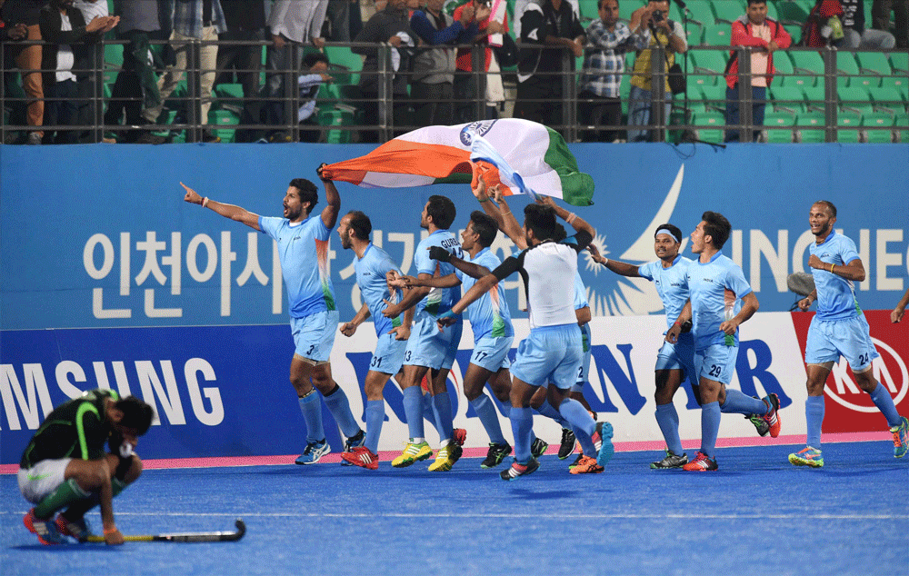 Incheon: Indian team celebrates after winning men's hockey gold match against Pakistan at the 17th Asian Games in Incheon, South Korea on Thursday. PTI Photo