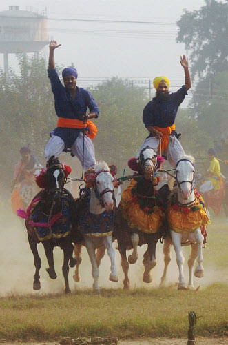 Nihang or Sikh religious warriors display their skills as they ride on a pair of horses during Fateh Divas celebrations in Amritsar on Friday. PTI Photo 
