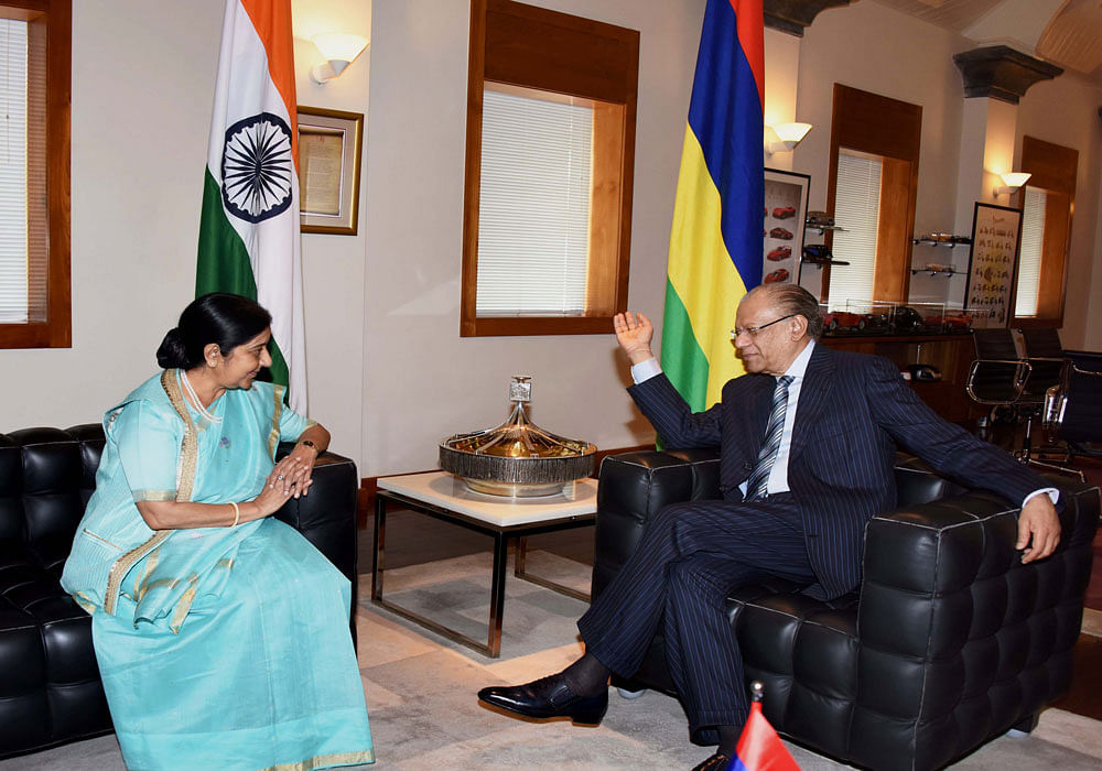 External Affairs Minister Sushma Sawraj with Mauritius  Prime Minister   Navin Ramgoolam during their meeting  in Port Louis, Mauritius on  Sunday. PTI Photo