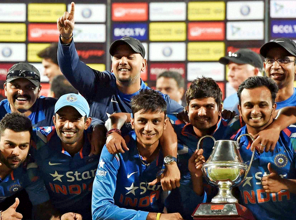 Ranchi: Indian cricketers celebrate with Trophy after winning the series against Sri Lanka in Ranchi on Sunday. PTI Photo