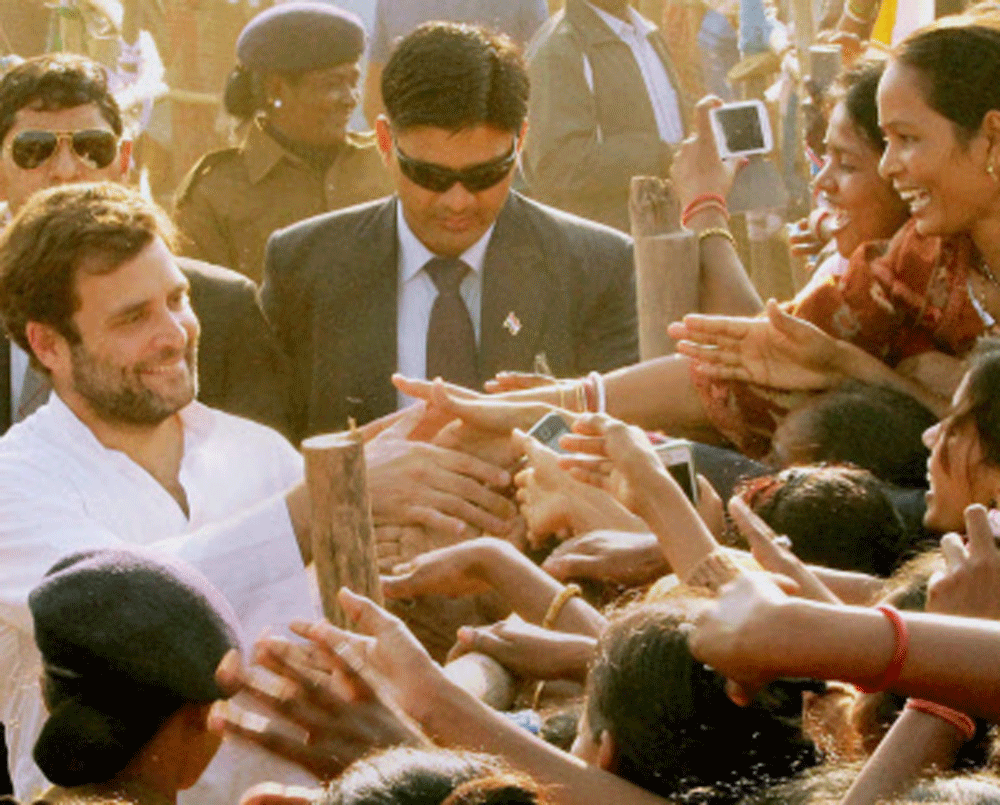 Congress vice president Rahul Gandhi meeting supporters at his election rally in Jamshedpur on Friday. PTI Photo