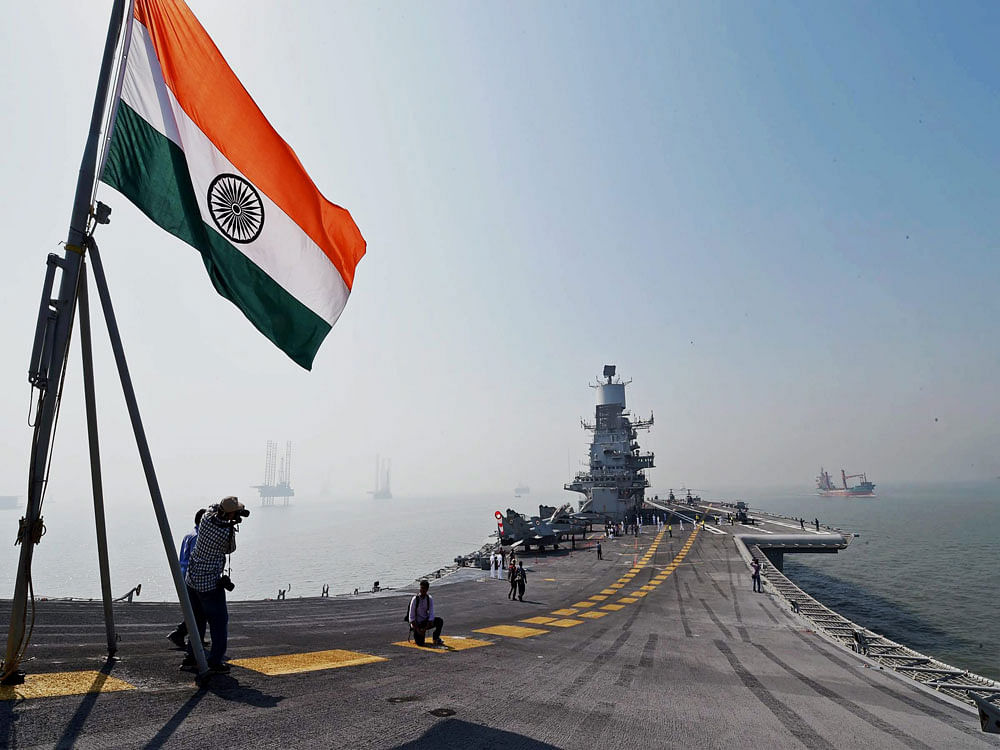 Newly commissioned INS Vikramaditya during the Navy day celebrations in Mumbai on Wednesday. PTI Photo
