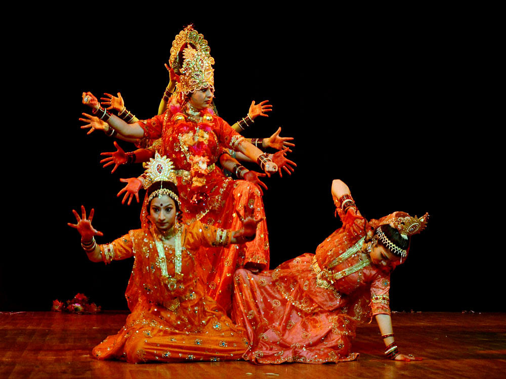 Artists performing ballet 'Durga Saptashati' in Bhopal on Friday evening. PTI Photo.
