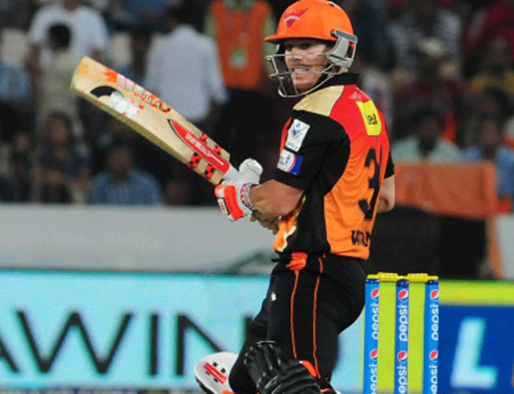 David Warner of Sunrisers Hyderabad plays a shot during their IPL match against Chennai Super Kings in Hyderabad on Saturday.PTI Photo