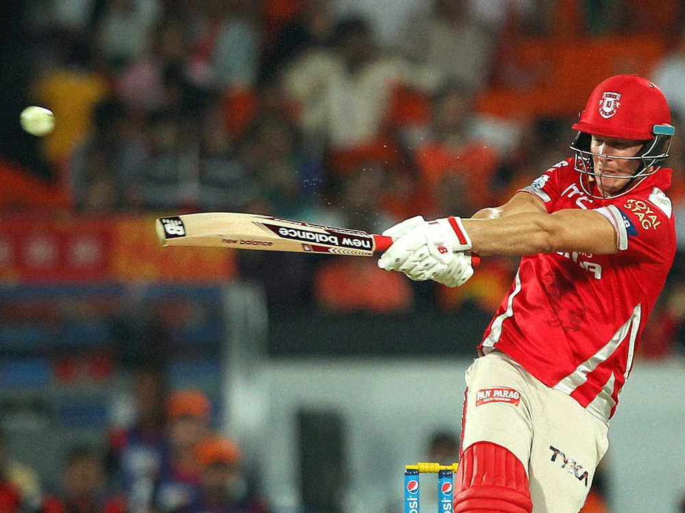 David Miller of Kings XI Punjab plays a shot during an IPL 8 match against Sunrisers Hyderabad in Hyderabad on Monday. PTI Photo