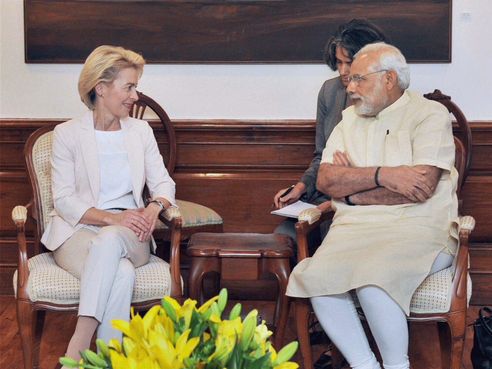 Prime Minister Narendra Modi with Federal Defence Minister of Germany, Ursula von der Leyen in a meeting in New Delhi on Wednesday. PTI Photo.