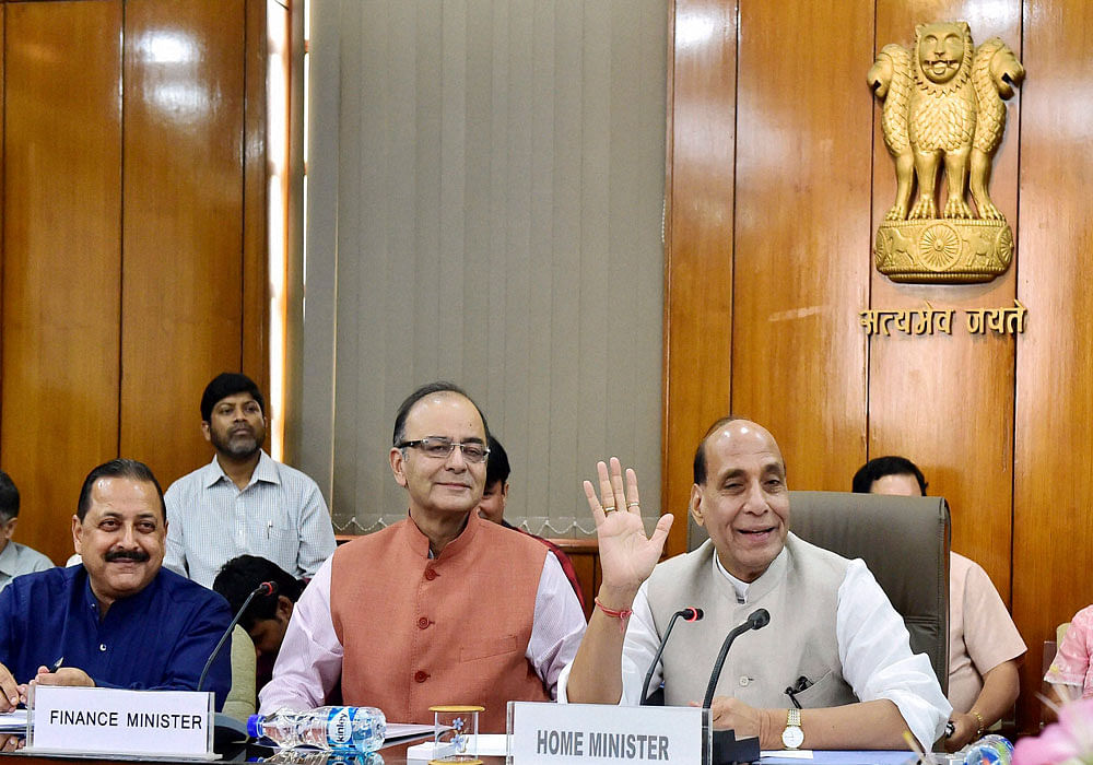  Home Minister Rajnath Singh, Finance Minister Arun Jaitley, MoS, PMO, Jitendra Singh and Home Secretary LC Goyal during a press conference in New Delhi on Tuesday. PTI Photo