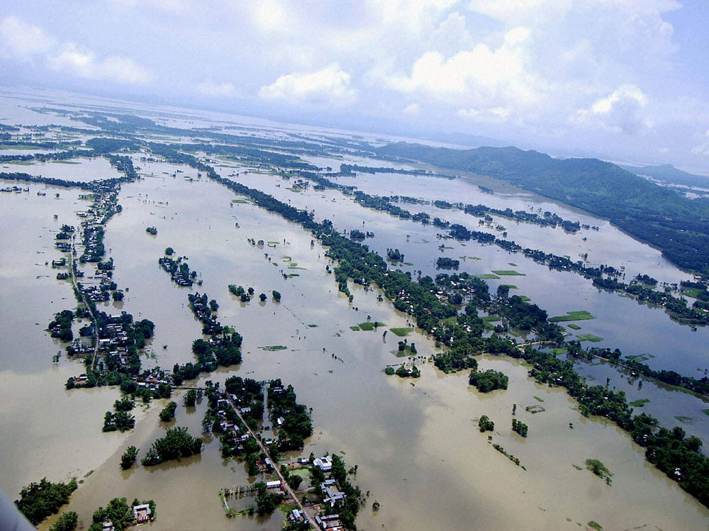  An aerial view of the flood affected districts of Lower Assam on Sunday. PTI Photo.