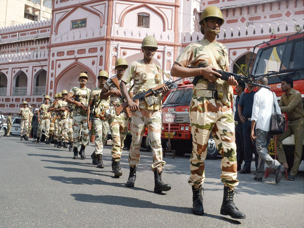 Army soldiers arrive in city for municipal elections in Surat on Friday. PTI Photo.