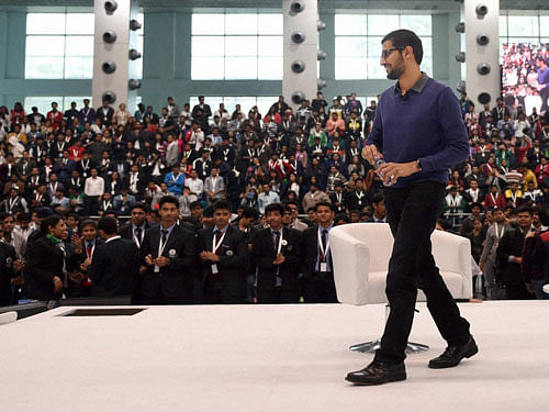 Google CEO Sundar Pichai during an interaction with the students at SRCC in New Delhi on Thursday. PTI Photo 