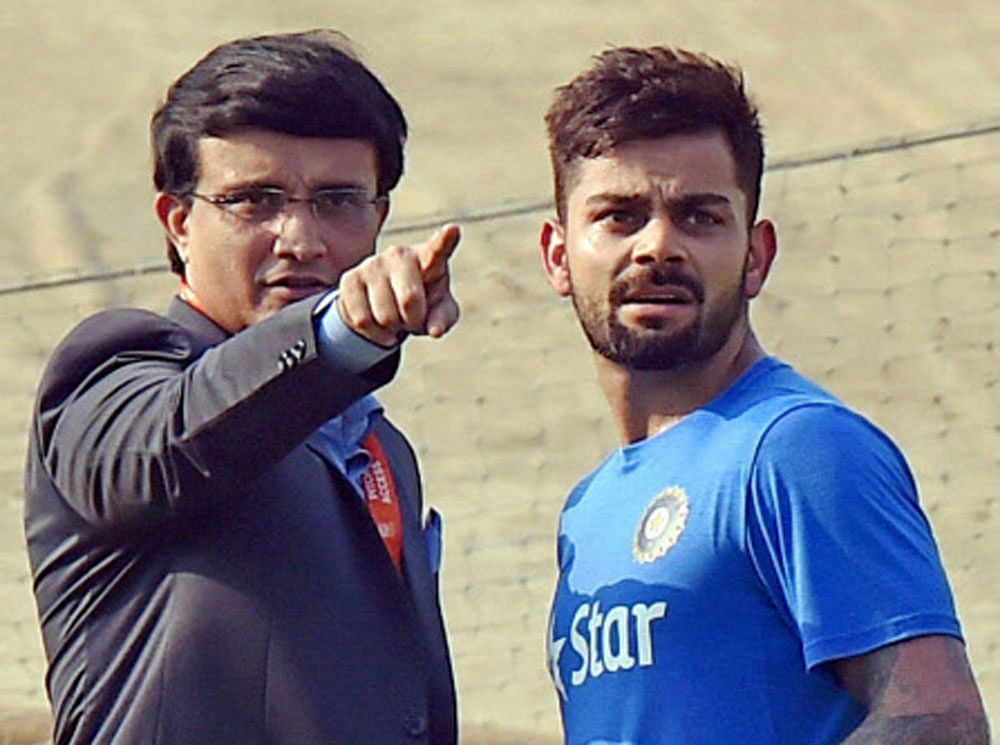 Sourav Ganguly with Virat Kohli during Indian team's practice session at the Eden Gardens in Kolkata on Friday. PTI Photo