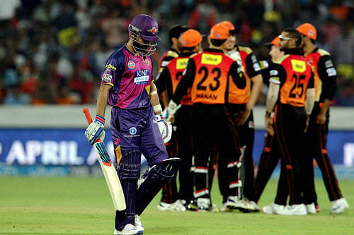 Ajinkya Rahane of Rising Pune Supergiants walks after he gets out during an IPL T-20 match between the Sunrisers Hyderabad in Hyderabad on Tuesday. PTI Photo