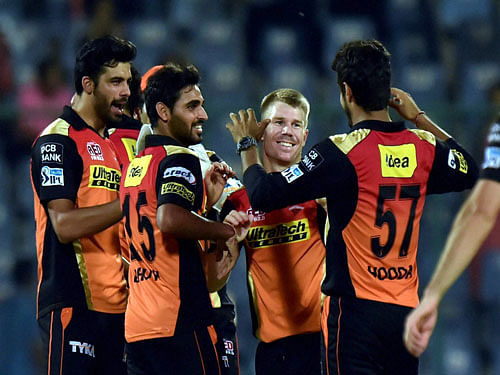 Sunrisers Hyderabad players celebrate after winning against KKR during an eliminator match of the IPL T20 at Ferozshah Kotla in New Delhi on Wednesday. PTI Photo