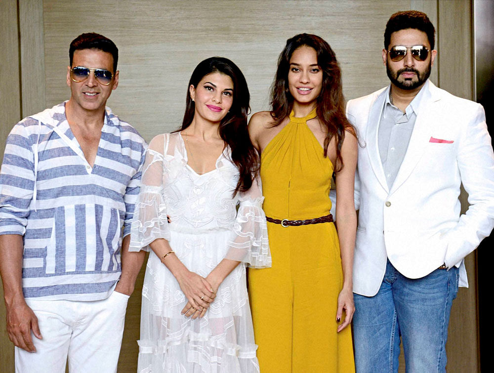 Bollywood actors Akshay Kumar, Jacqueline Fernandez, Liza Headen and Abhishek Bachchan at a promotional event of their upcoming movie 'Housefull 3' in Ahmedabad. PTI Photo